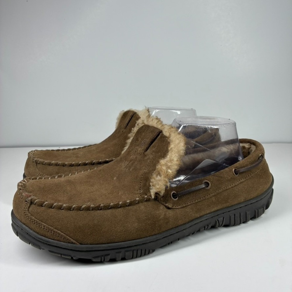 Clarks Men's US 12M Brown Suede Faux Fur Lined Venetian Moccasin House Slippers
